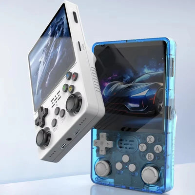 2Bluebox R36S with the D-pad on top next to a Powkiddy RGB20S with its analog sticks on top