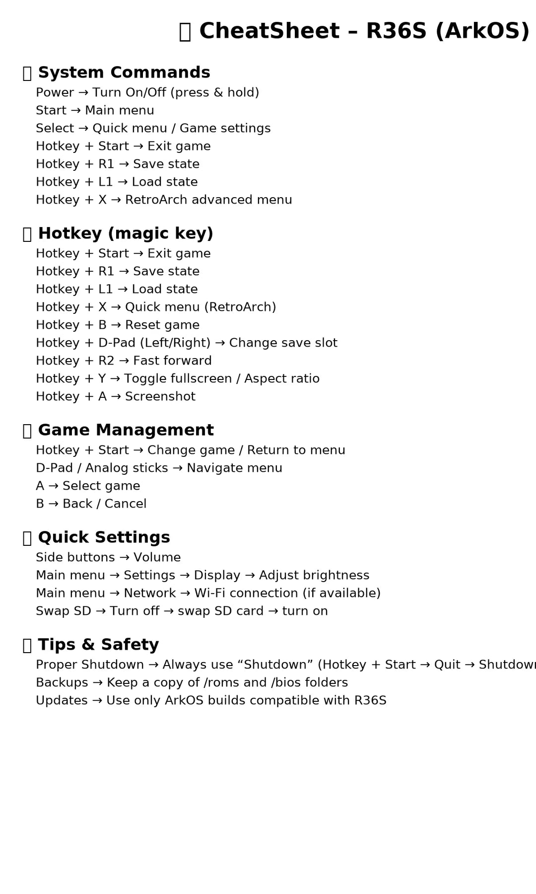 Visual R36S main hotkeys and ArkOS shortcuts cheat sheet for saving, loading, and exiting games safely