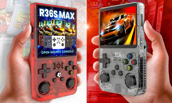 Side-by-side comparison of the R36Max 4.0-inch 1:1 square handheld next to the R36S 3.5-inch 4:3 IPS handheld