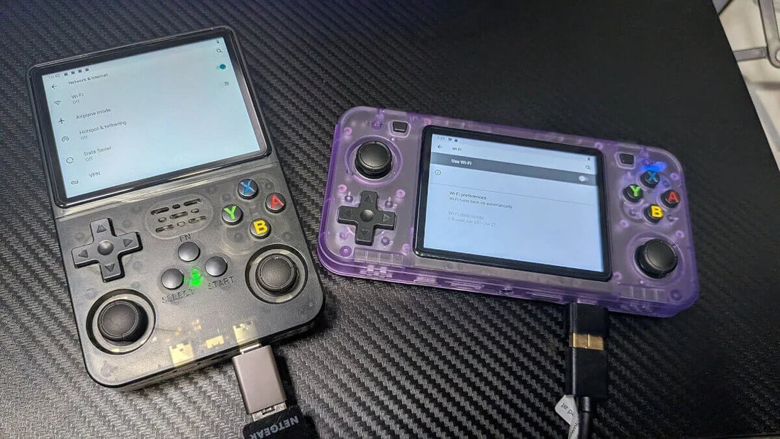 Side-by-side comparison of the vertical R36S handheld console alongside the horizontal R36H and R36 variants