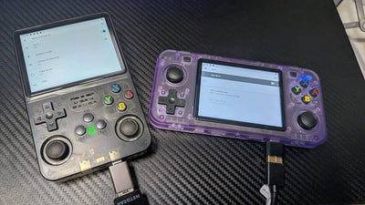 Side-by-side comparison of the vertical R36S handheld console alongside the horizontal R36H and R36 variants