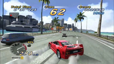 OutRun 2006 Ferrari Testarossa drifting along a palm-lined coastal highway in an arcade racing game