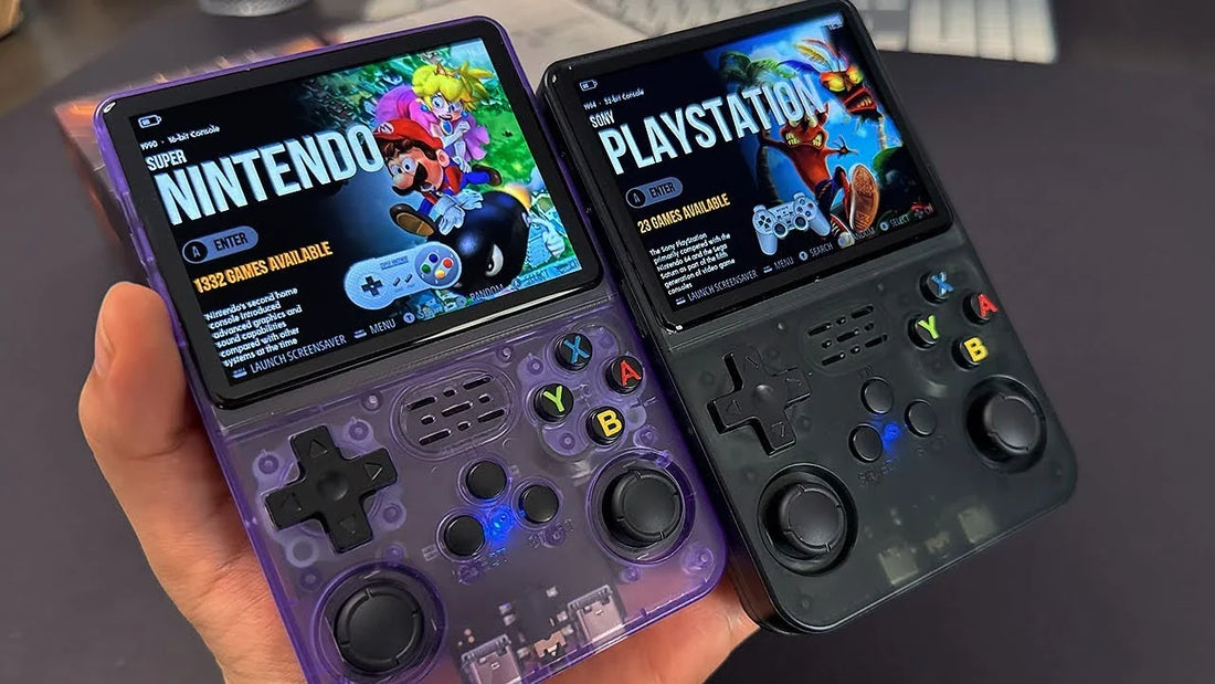 R36S-style pocket retro handheld with a 64GB microSD card, the hardware type Reddit users link to Retronanix ads
