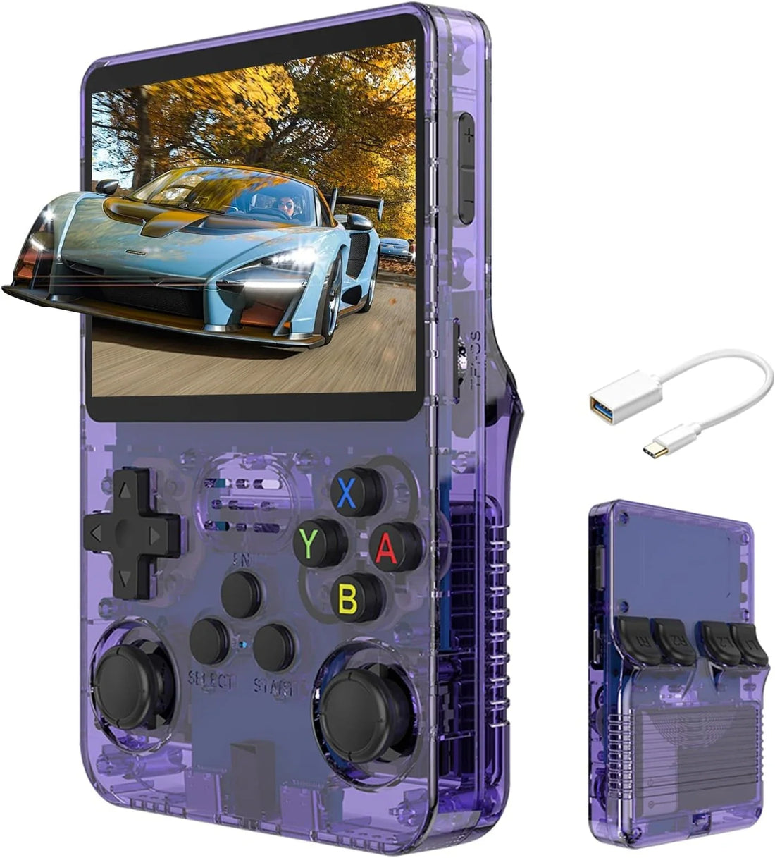 RetroSnap Play style R36S vertical retro handheld console showing a 3.5-inch IPS game menu on a test bench