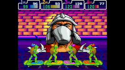 Four players fighting side by side in Teenage Mutant Ninja Turtles: Turtles in Time on a living-room 4K TV