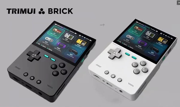 Side-by-side comparison of the TrimUI Brick D-Pad handheld and the dual-analog 2Bluebox R36S console