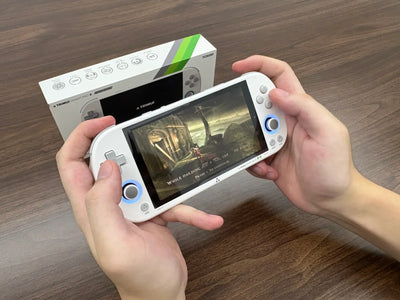 Side-by-side comparison of the horizontal 16:9 TrimUI Smart Pro handheld and the vertical 4:3 2Bluebox R36S console