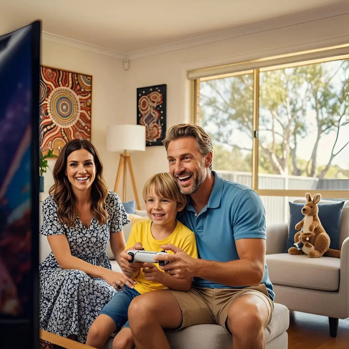 Family of three playing video games together in a living room with 2Bluebox Game Console