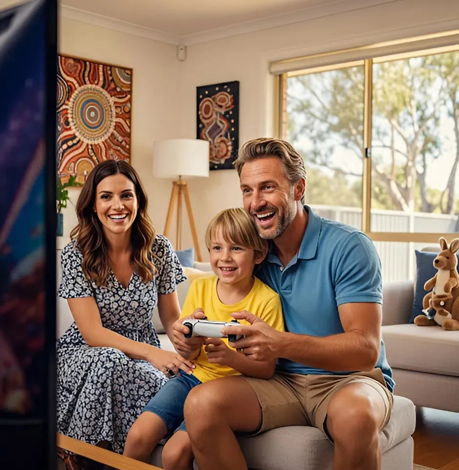 Family of three playing video games together in a living room with 2Bluebox Game Stick Pro