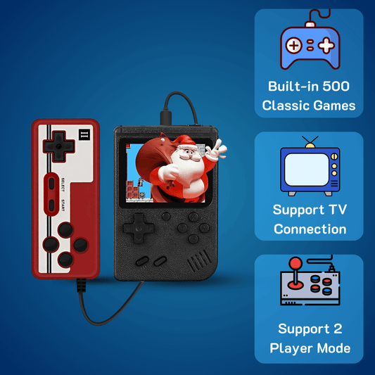 2Bluebox 8-Bit Mini Game Console with 500 built-in games, portable retro handheld console for kids and families