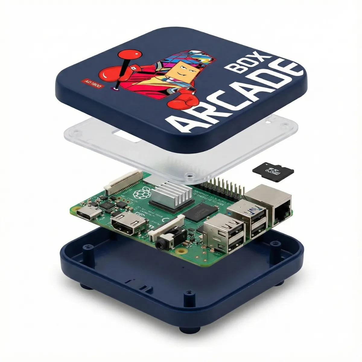 Ultra photorealistic 3D exploded view (product structure) of 2Bluebox Arcade Box