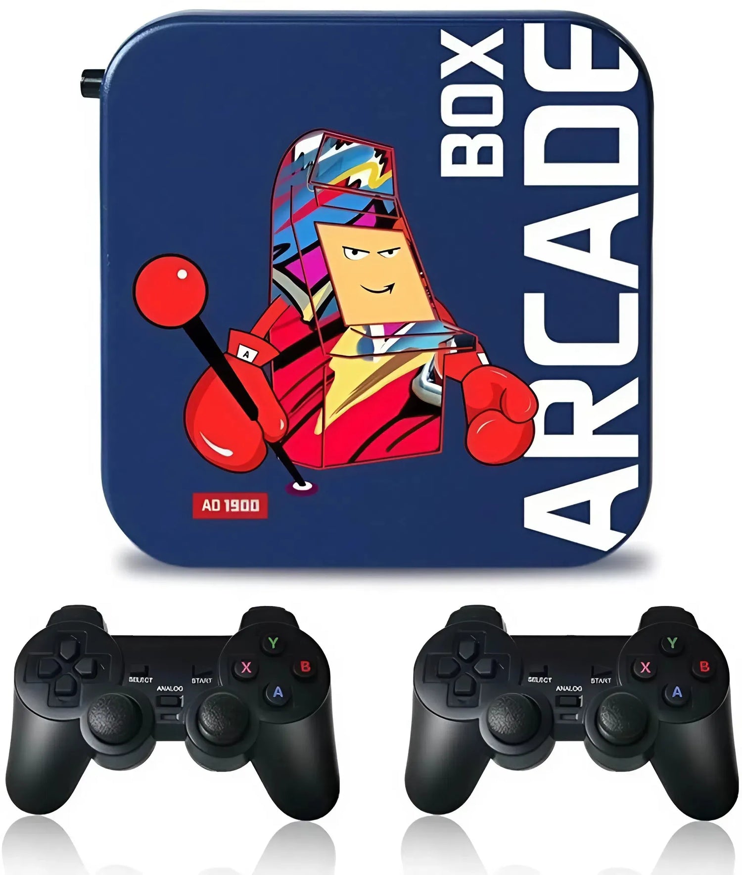 2Bluebox Arcade Box with cartoon character and 'Box Arcade' branding, accompanied by two controllers.