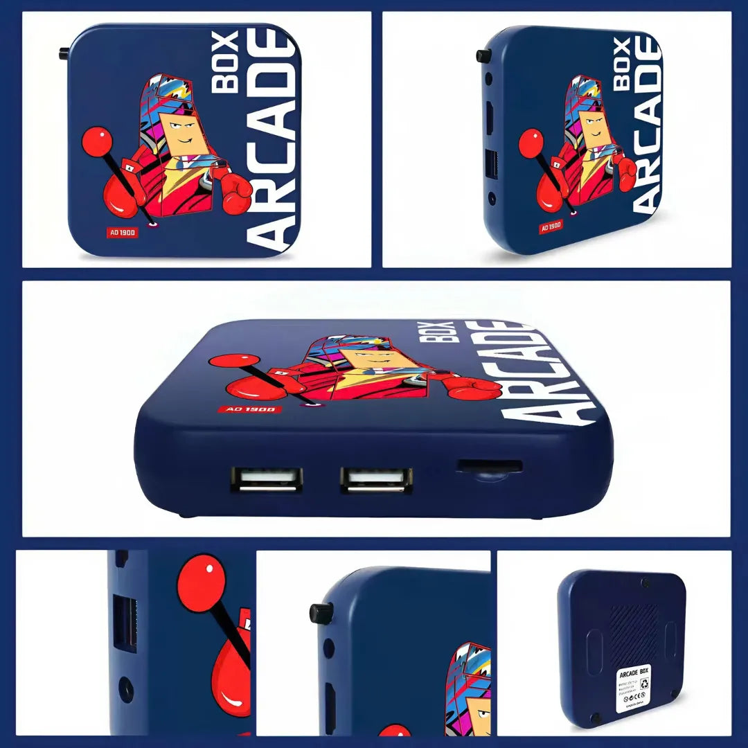 Full 2Bluebox Arcade Box bundle including console, two wireless controllers, 64GB TF card, 4K HDMI cable, and premium protection bag.