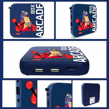 Full 2Bluebox Arcade Box bundle including console, two wireless controllers, 64GB TF card, 4K HDMI cable, and premium protection bag.
