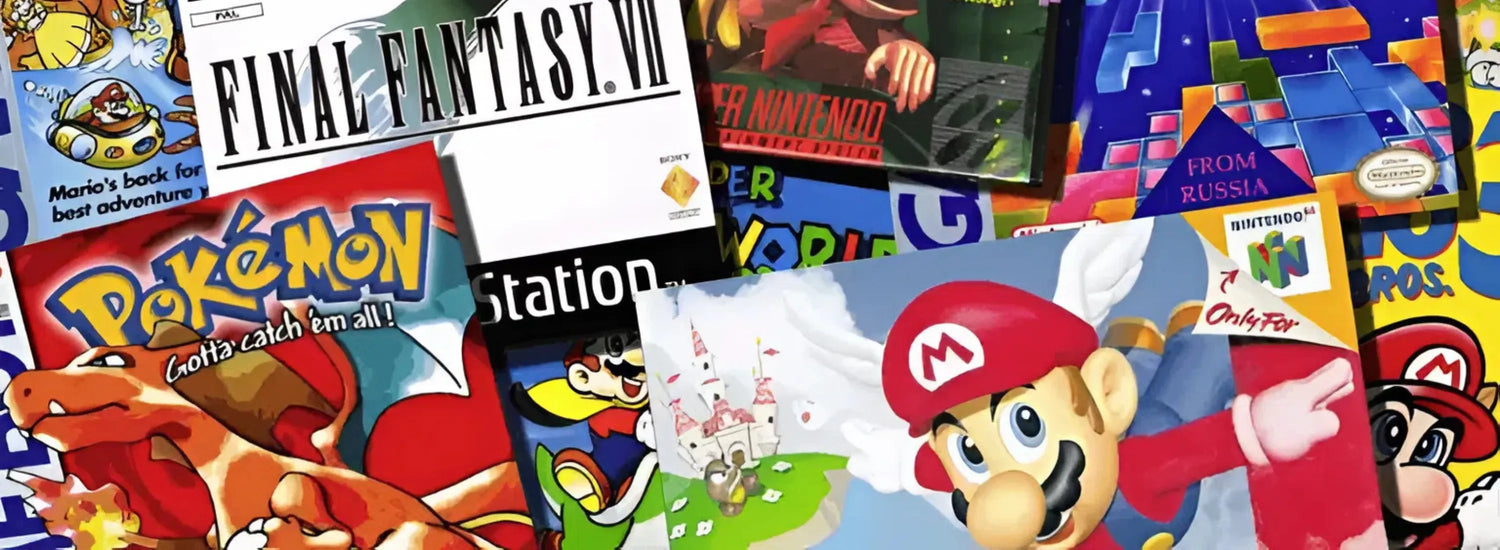 Collection of vintage video game boxes including Mario, Pokémon, ...