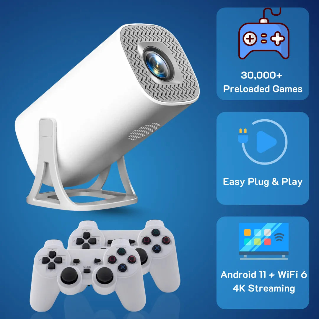 2Bluebox CineCade Pro smart gaming projector with two wireless controllers and 30,000 pre-loaded games