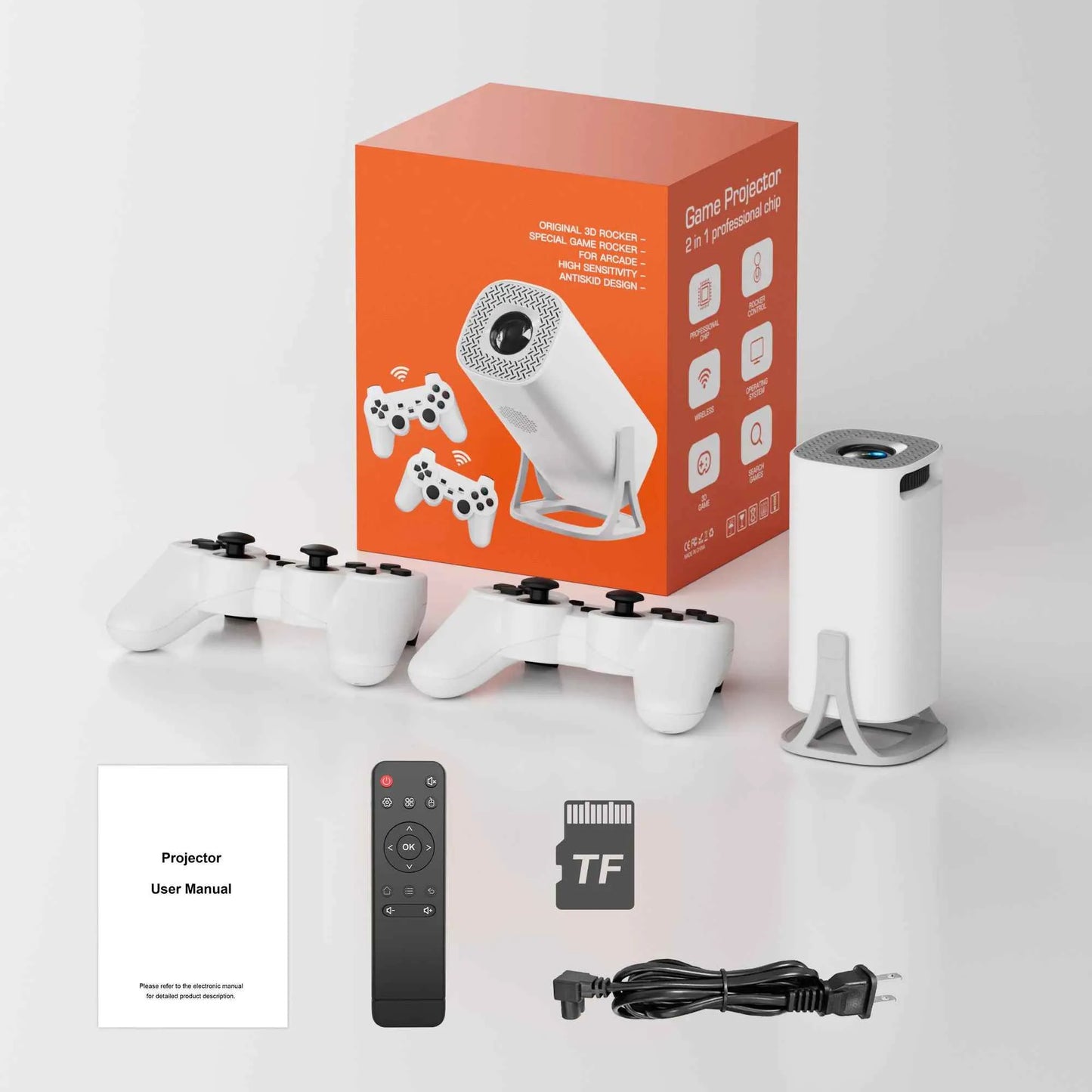 2Bluebox CineCade Retro Game projector with packaging, controllers, remote control, user manual, TF card, and power cable on a white background