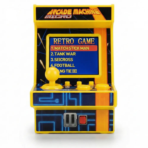 2Bluebox Mini Arcade Machine - Desktop Boredom Buster. A yellow handheld gaming console styled like a retro arcade cabinet with joystick and screen.
