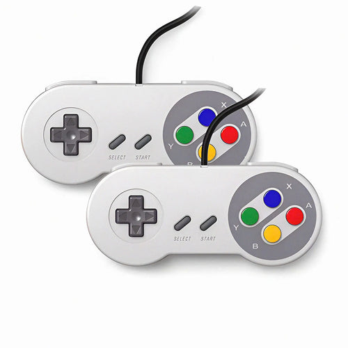 Twin pack of wired USB retro gaming controllers with classic SNES button layout. The 'Player 2' Kit by 2Bluebox for zero-lag co-op gaming.