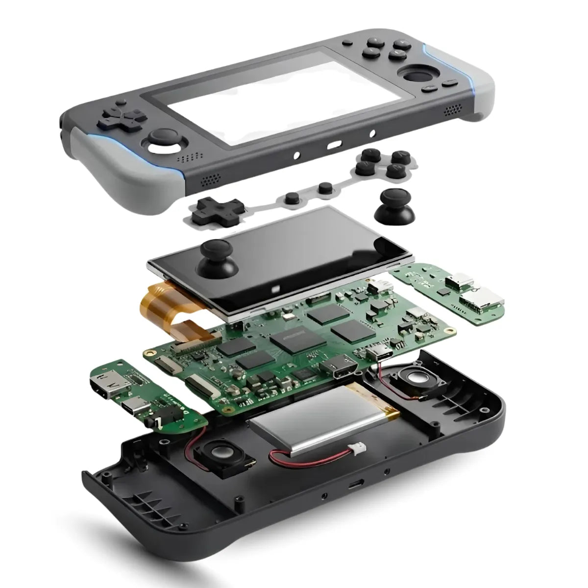 Exploded view of 2Bluebox Project X game console internal components including ATM7051 chip, 4.3 inch IPS screen, and 2500mAh battery.