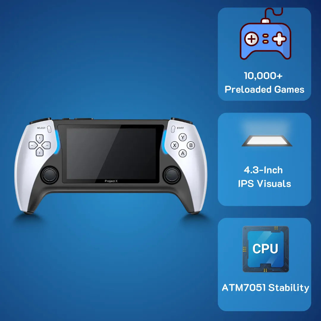 2Bluebox Project X game console featuring 10,000+ preloaded games, a 4.3-inch IPS screen, and ATM7051 stability for AU and US retro gamers.