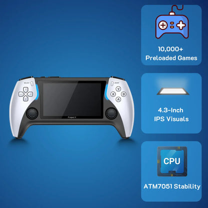 2Bluebox Project X game console featuring 10,000+ preloaded games, a 4.3-inch IPS screen, and ATM7051 stability for AU and US retro gamers.