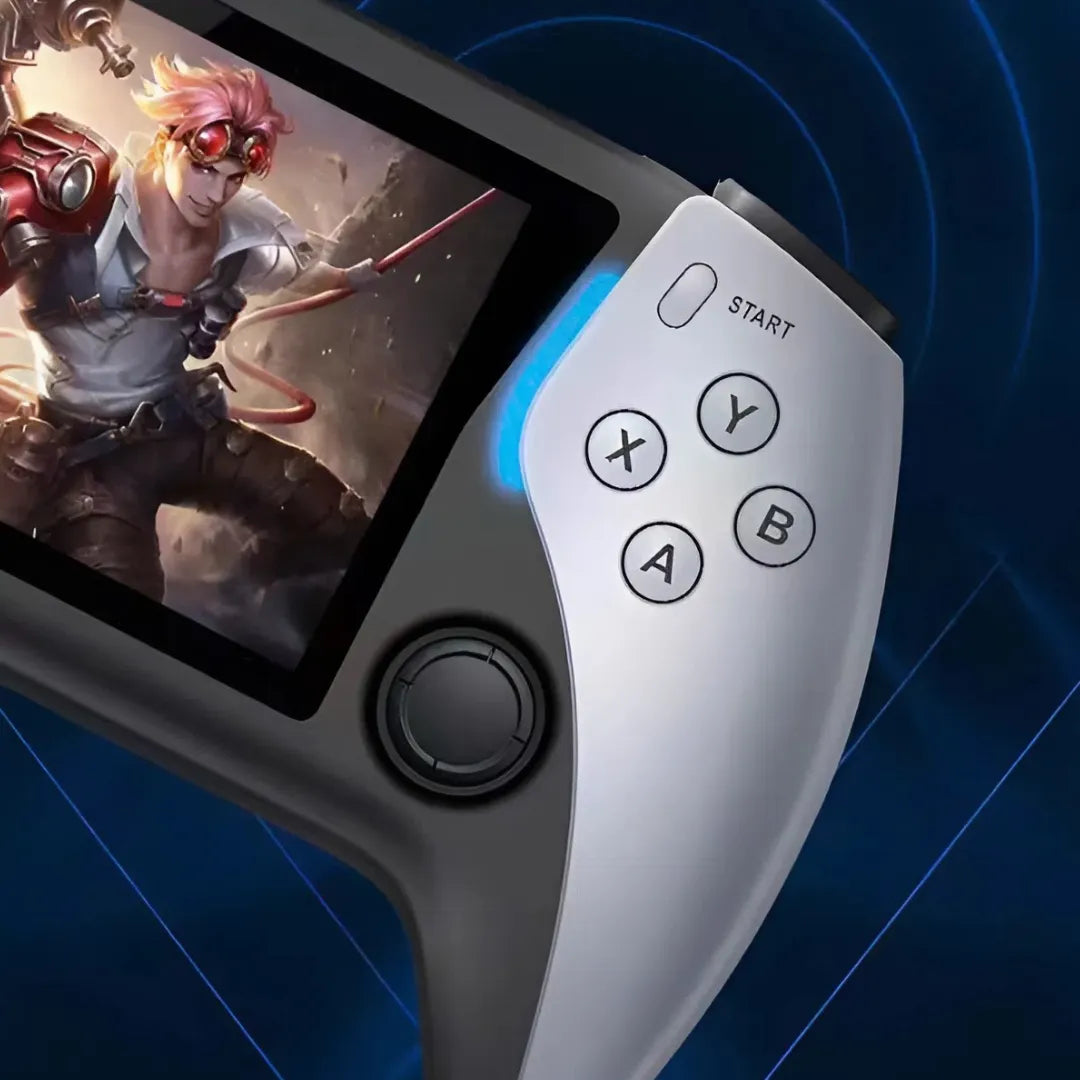 Close-up of the 2Bluebox Project X handheld game console showing the responsive action buttons and high-definition screen visuals.