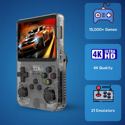 Translucent Black 2Bluebox R36S Handheld Console. Side view showing ergonomic buttons and high-definition gaming display.