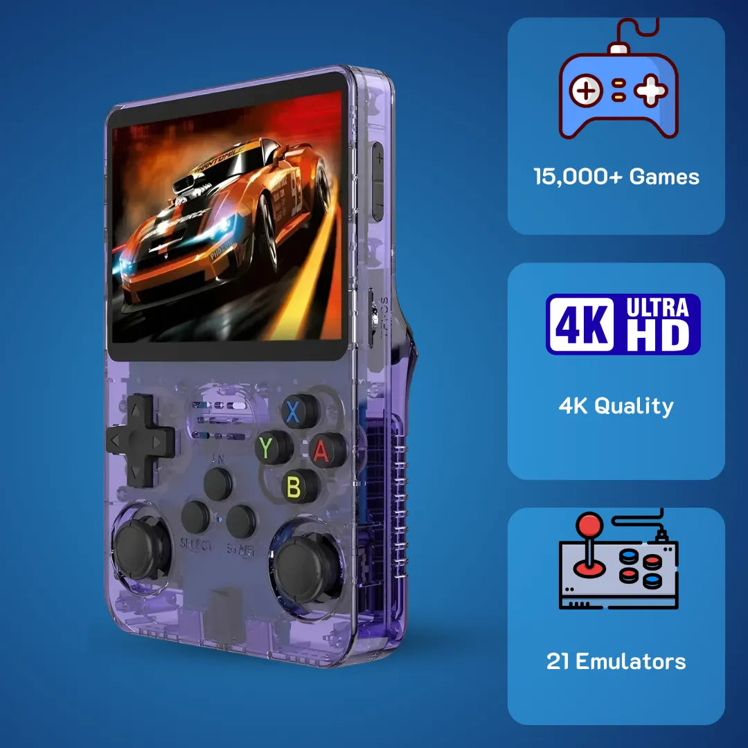 2Bluebox R36S Portable Console in Translucent Purple. Best budget retro handheld available in Australia.
