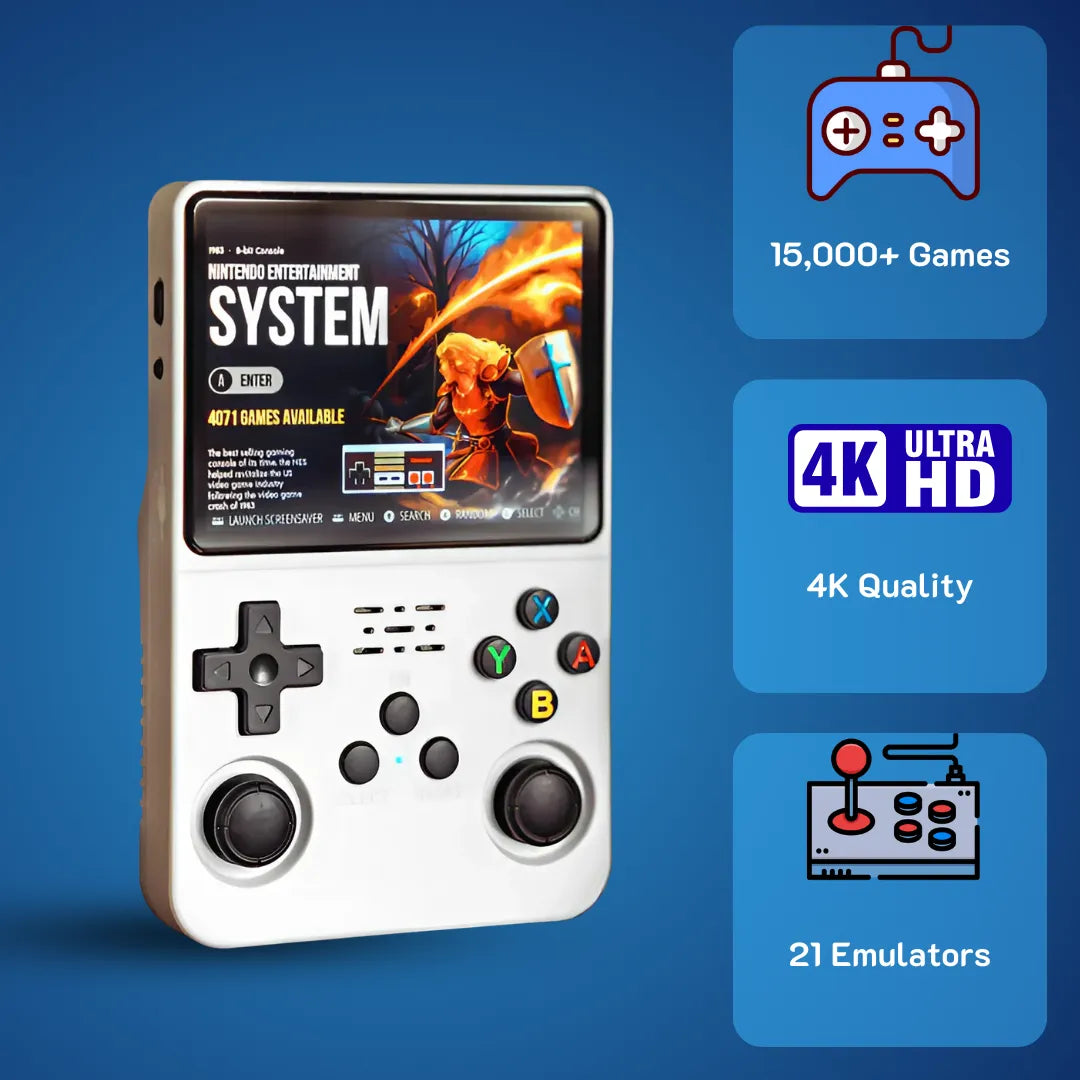 2Bluebox R36S Retro Handheld Game Console in White. Features 15,000+ pre-loaded games and 3.5-inch IPS Screen.