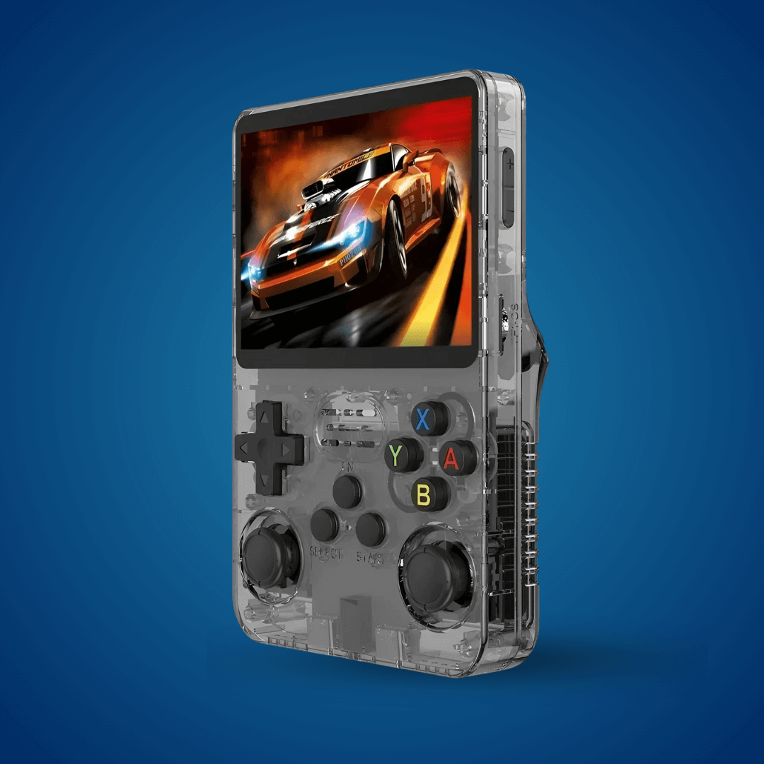 2Bluebox Retro Handheld Game Console in transparent black color, 3.5 inch screen portable retro handheld console with built-in games