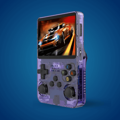 2Bluebox Retro Handheld Game Console in transparent purple color, 3.5 inch screen portable handheld retro console with built-in games