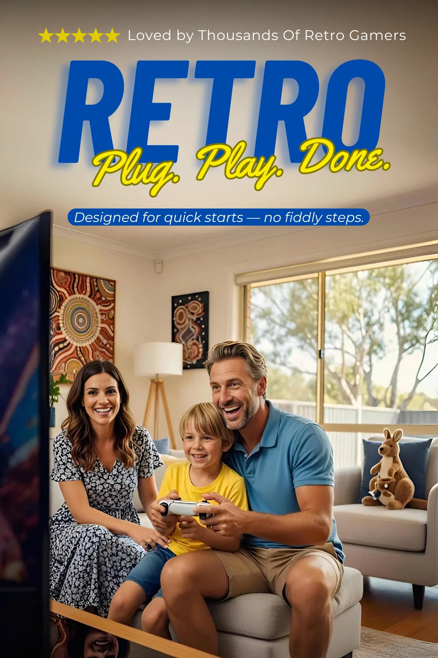 Family playing video games in a living room with text about retro gaming hardware.