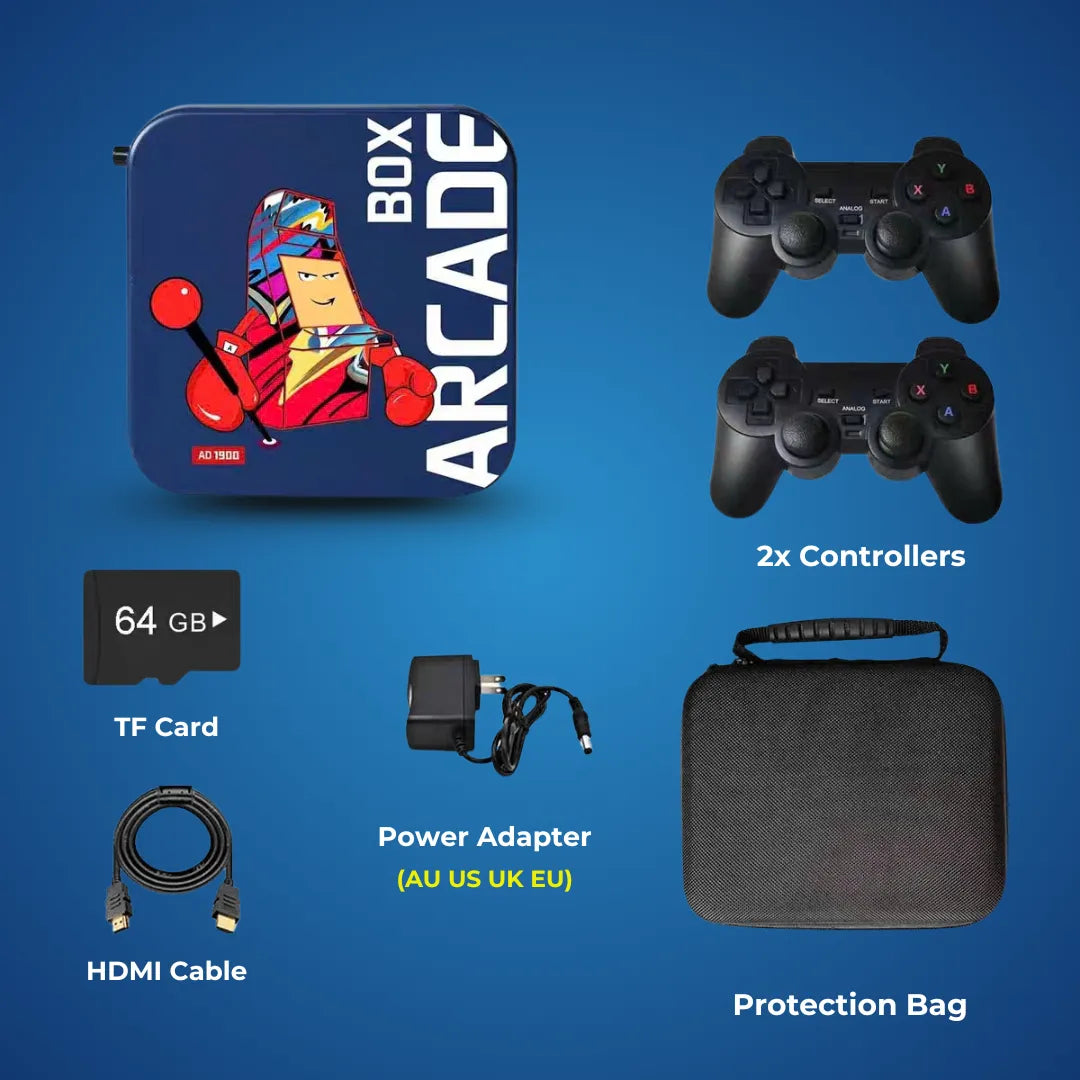 Multi-angle product views of the 2Bluebox Retro Arcade Box showing USB ports, TF card slot, and premium compact casing design.