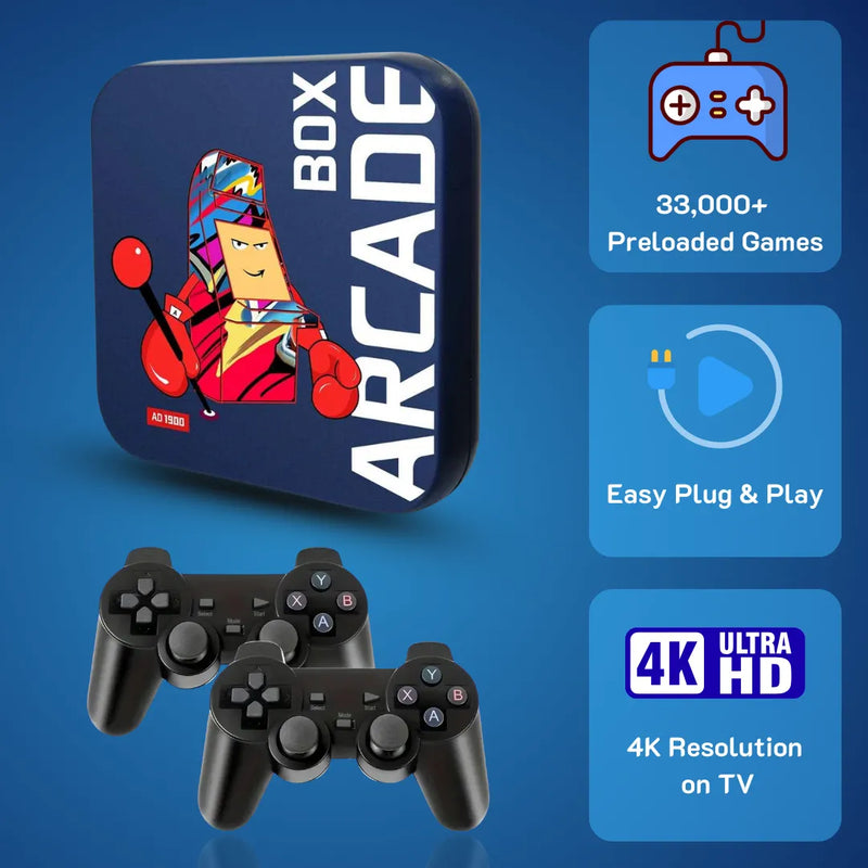 2Bluebox Arcade Box hero image highlighting 33,000 preloaded games, easy plug and play setup, and 4K Ultra HD resolution support.
