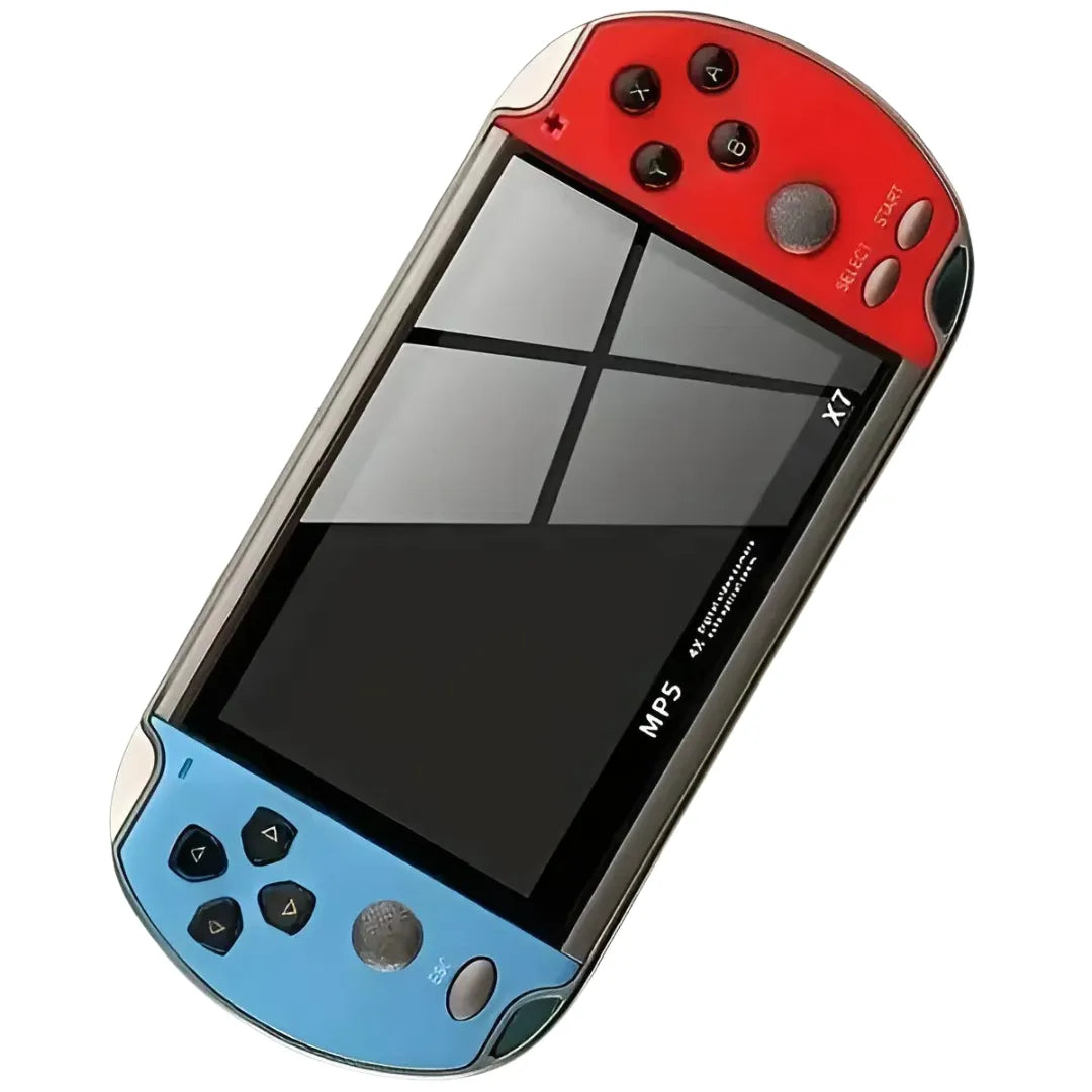 2Bluebox X7 Handheld game console with red and blue design on a white background