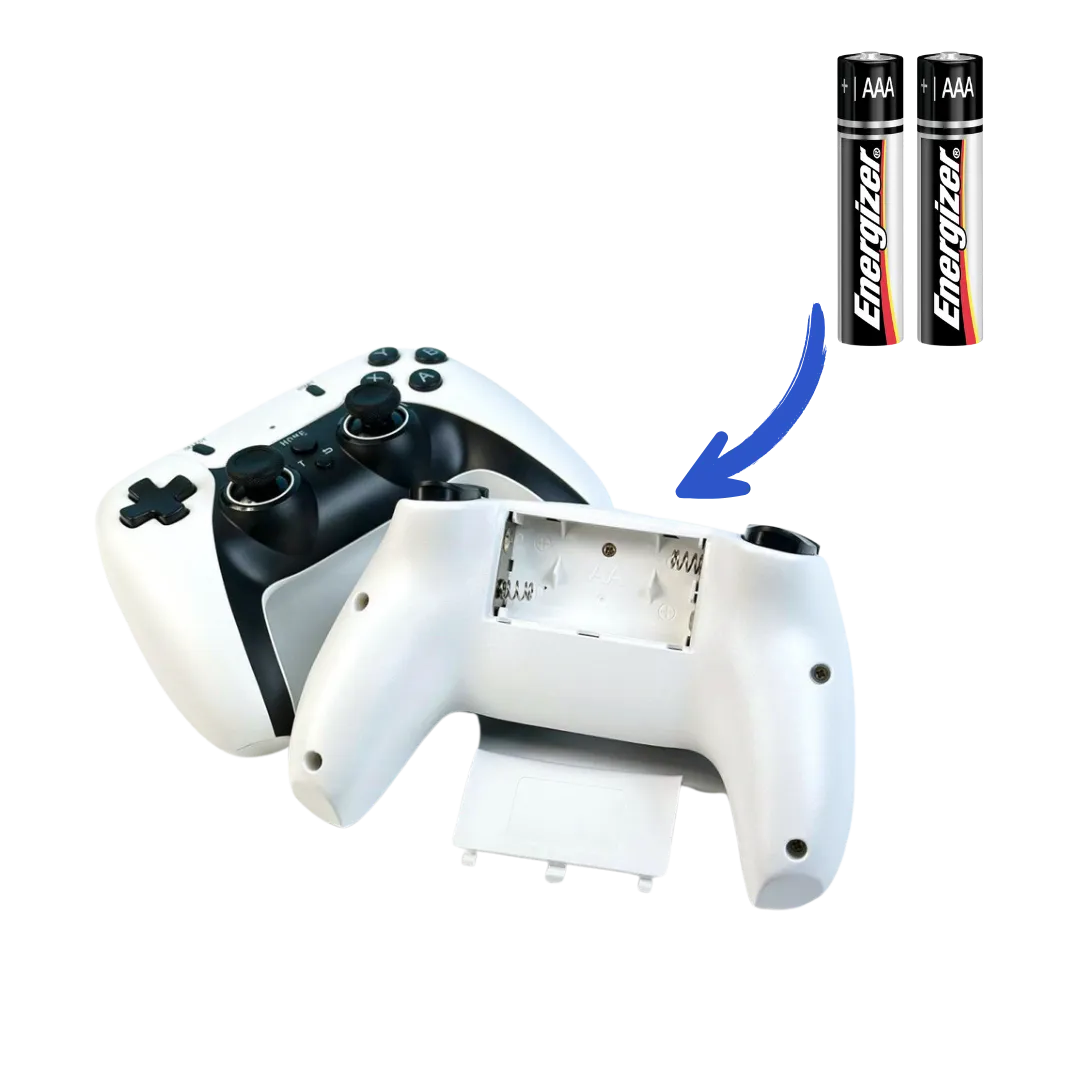2Bluebox Game Stick Pro controller with battery cover removed and two Energizer batteries on