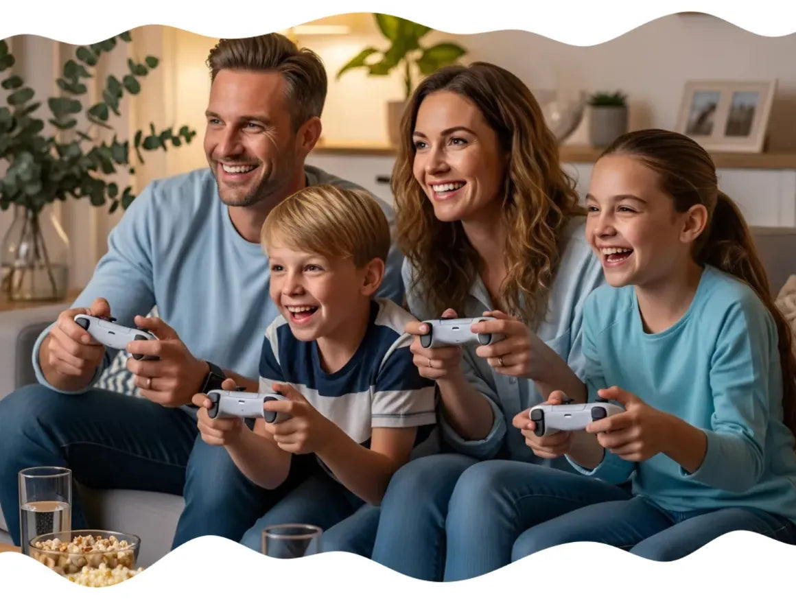 Happy family enjoying retro video games together in the living room