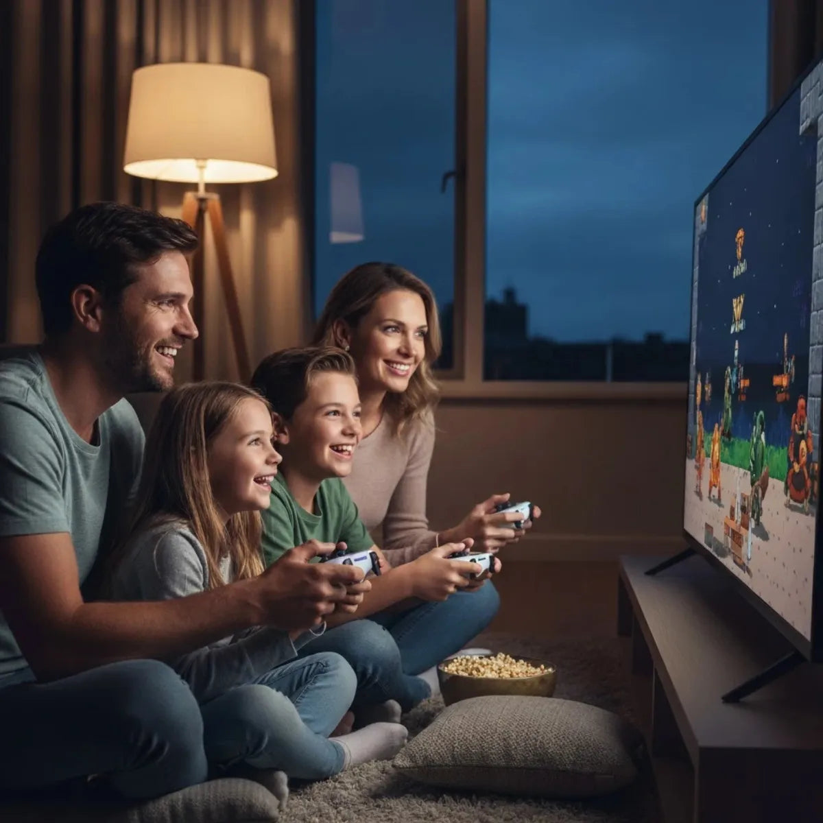 A happy family of four playing on a retro game console for TV on a big screen in their cozy living room at night, using wireless controllers from 2Bluebox.