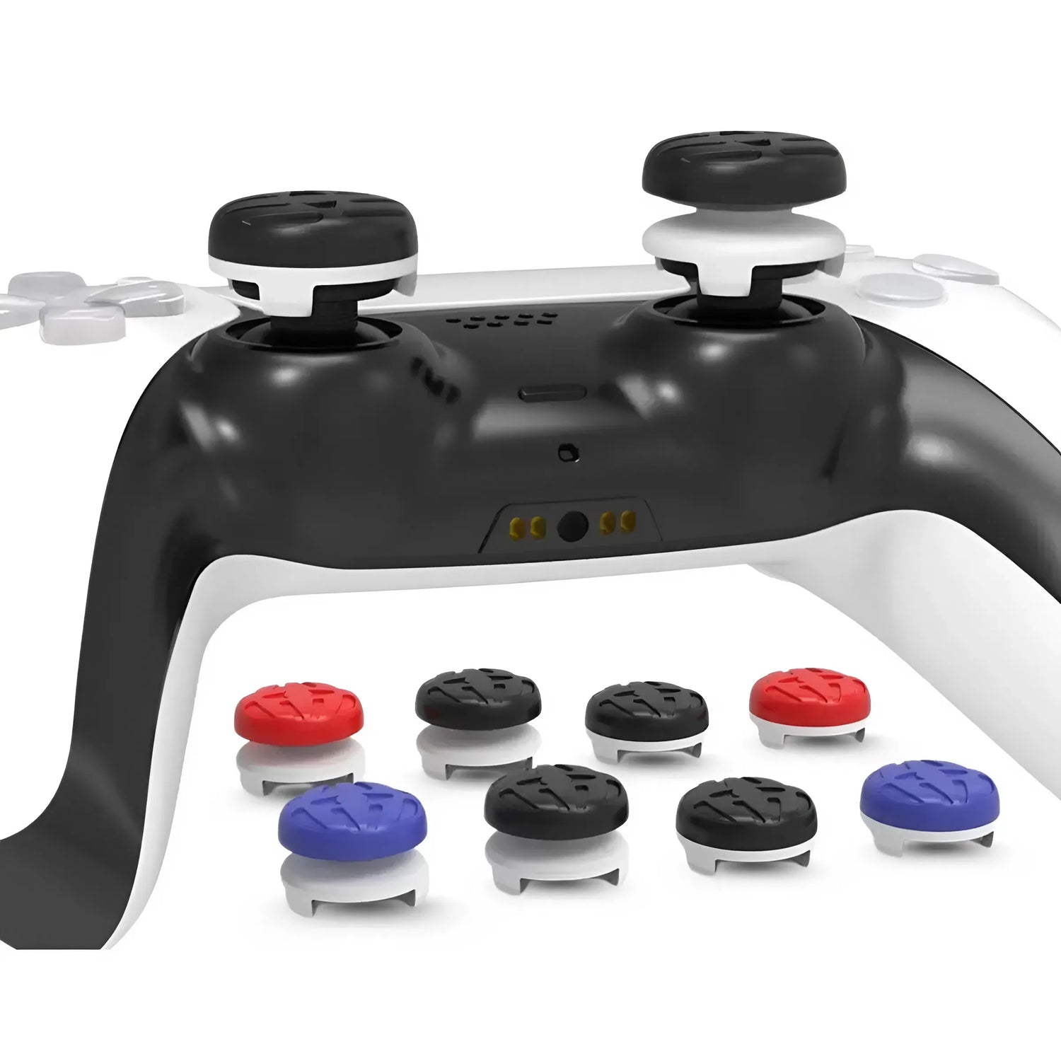 A white gaming controller customized with colorful silicone thumbstick grips and analog stick caps, representing the wide range of gaming accessories available at 2Bluebox Australia.