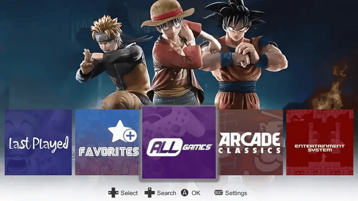 Game Stick Pro 4K game list menu screen showing All Games, Arcade Classics, Favorites, and Entertainment System options