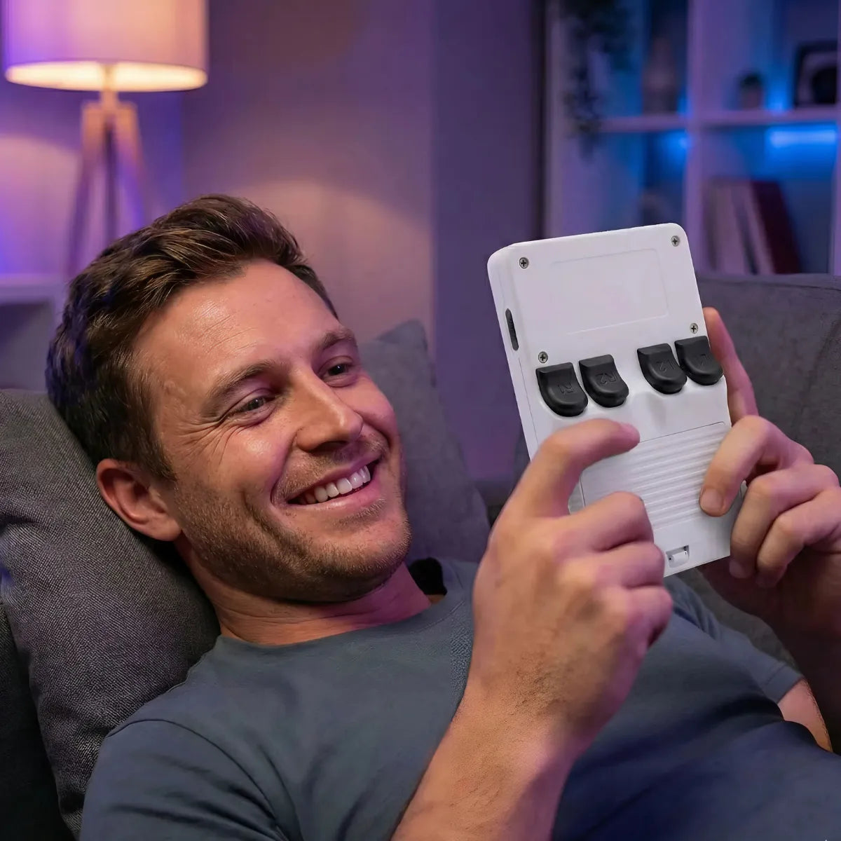 A man relaxing on a sofa playing a portable retro handheld console in a cozy living room with ambient lighting.