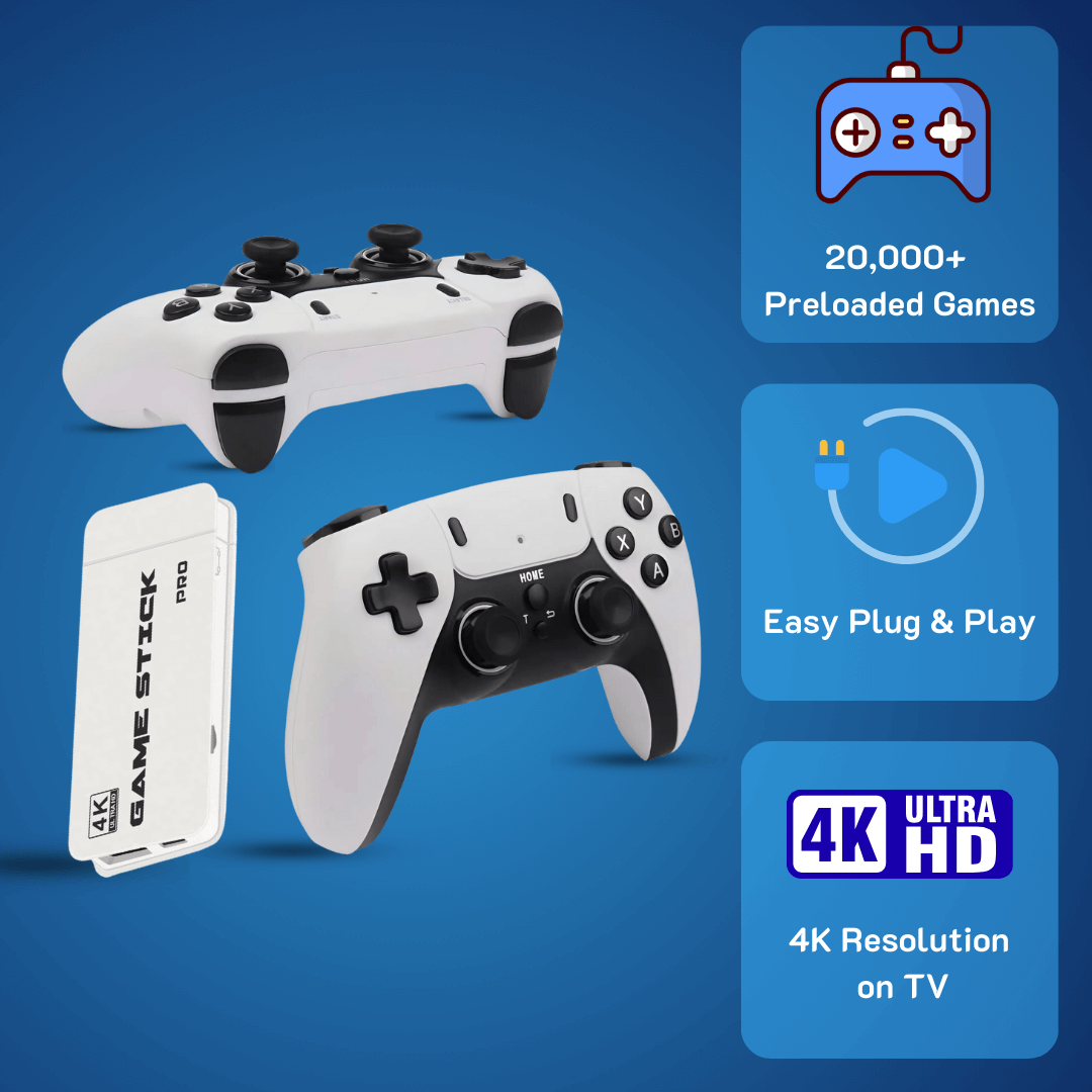 White gaming controllers with black accents on a blue background, featuring text about game count, plug & play, and 4K resolution.