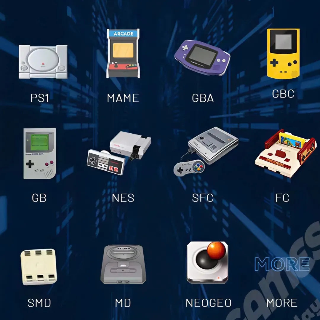 The extensive emulator menu on the Project X retro handheld game console including PS1, GBA, and SNES with over 10,000 curated classics.