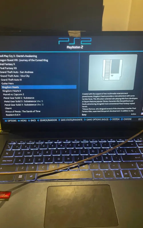 Batocera user interface showing PS2 game list including Kingdom Hearts and GTA Vice City on Portable HDD Super Console.