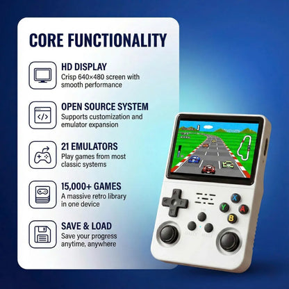 Core functionality of 2Bluebox R36S including HD Display, Open Source System, 21 Emulators, and Save/Load game progress features.
