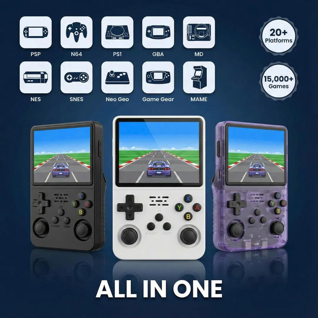 2Bluebox R36S All-In-One console lineup showing support for PSP, N64, PS1, GBA, and MD emulators across all color variants.