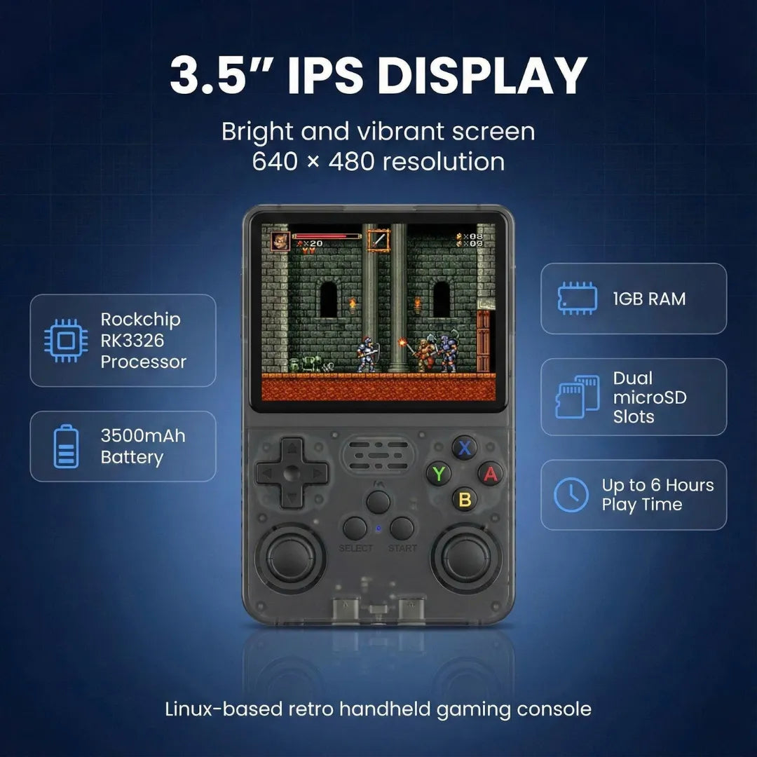 Technical specifications of 2Bluebox R36S featuring 3.5-inch IPS Display (640x480), Rockchip RK3326 Processor, and 3500mAh Battery.