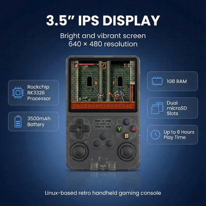 Technical specifications of 2Bluebox R36S featuring 3.5-inch IPS Display (640x480), Rockchip RK3326 Processor, and 3500mAh Battery.