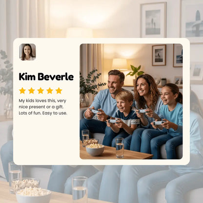 Customer review of NEW UPGRADE Retro Game Console Stick – family playing retro games together with 2 wireless controllers, fun gift for kids